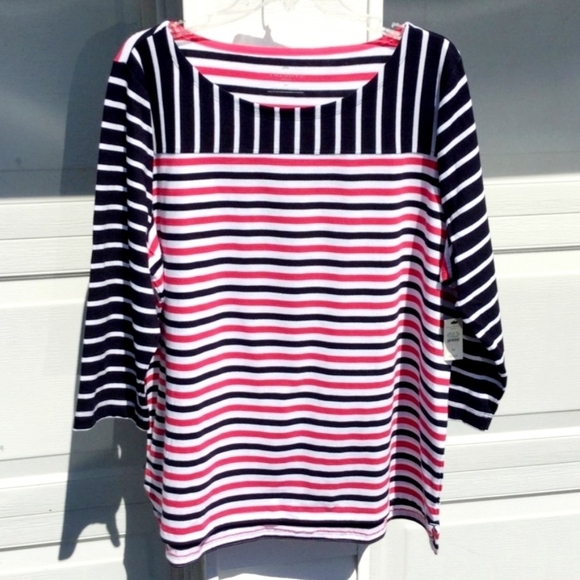 Talbots White Navy Blue Pink Stripe Top Women's SP Small Petite 100% Cotton EUC - Picture 1 of 3